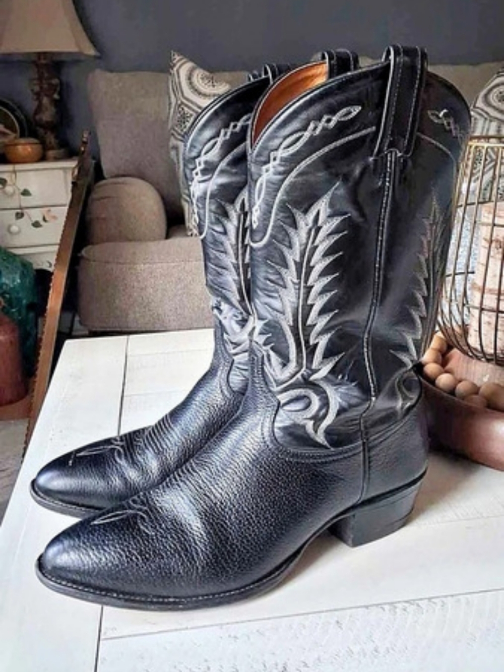 Vintage Tony Lama 6983  Men's Black Leather Cowboy Boots Size 12